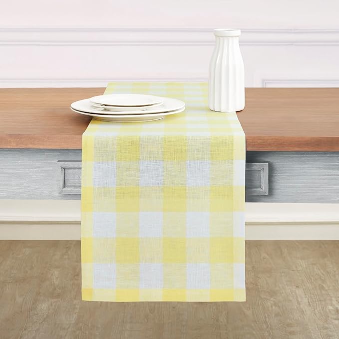 Solino Home Linen Checkered Table Runners 72 Inches Long - 100% Pure Linen Yellow and White Buffalo Check Table Runner 14 x 72 Inch Ideal for Dresser, Dining, Spring, Easter