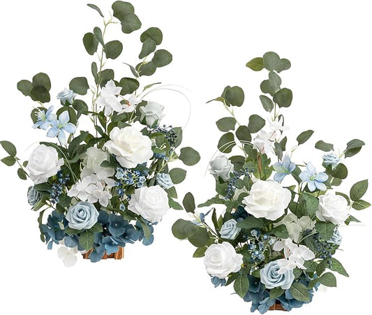 Ling's moment 17.5" Tall Free Standing Artificial Flowers Arrangements 2 pcs Wedding Aisle Runner Chair Decorations Dusty Blue & White Centerpieces for Ceremony Reception Rose Floral Party Outdoor