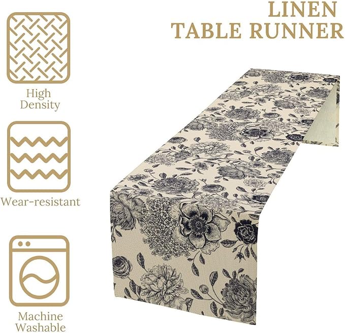 Black White Flower Table Runner,Vintage Wildflower Decor Table Runner for Home Kitchen Table Dining Indoor Outdoor Party Decor 13x90 Inch