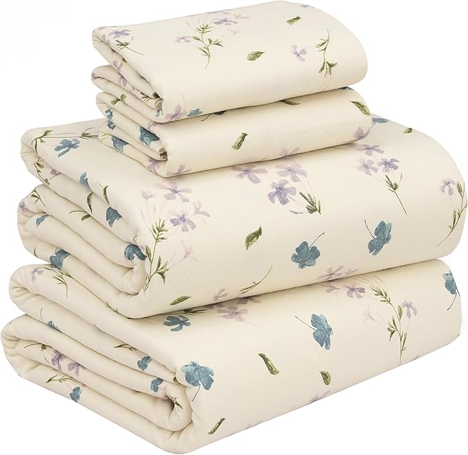RUVANTI Flannel Sheets King Size - 100% Cotton Brushed King Size Sheets Set - Deep Pockets 16 Inches Bed Sheets - All Seasons Breathable & Extra Soft - Warm & Cozy, 4 Piece, Jasmine Stamp Cream
