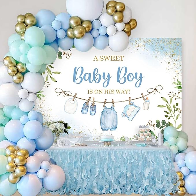 Sensfun Cute Clothes Baby Shower Backdrop for Boys A Sweet Baby Boy is On His Way Banner Greenery Eucalyptus Leaves Welcome Baby Boy Baby Shower Party Decorations Banner Photo Booth Props 5x3ft
