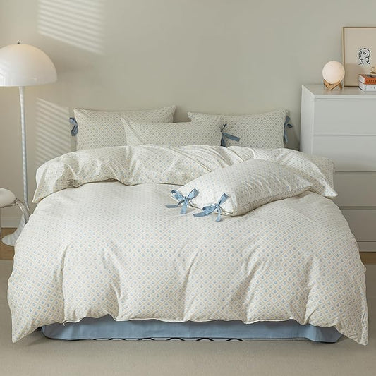 Blue Floral Bedding Duvet Cover Full Girl Cozy Cotton Comforter Cover White Flowers Coquette Bedding Set 3 Piece for Teen College Dorm Romantic Fresh Duvet Cover Set Full with 2 Bow Tie Pillowcases