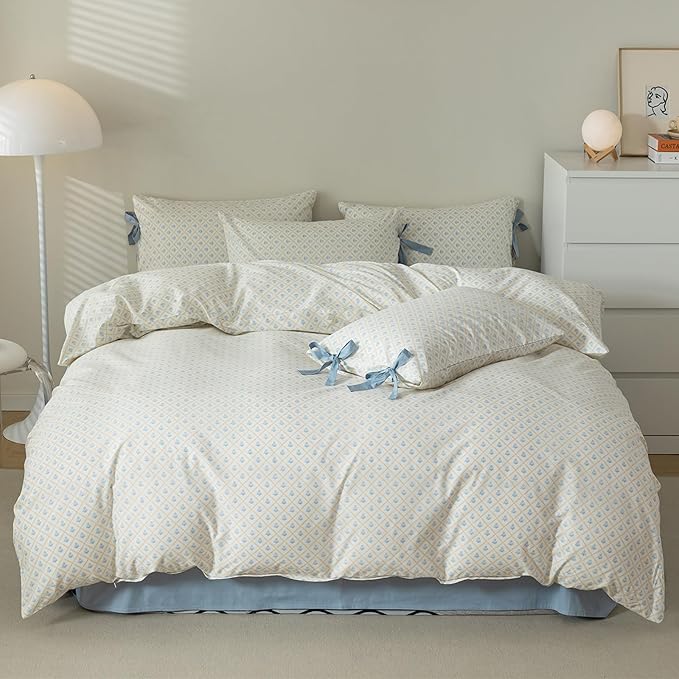 HighBuy Twin XL Comforter Set Cute Blue Flower Bedding Comforter for Kids Girls Coquette Checkered Bedding Sets 3 Piece with 2 Bowknot Bow Tie Pillowcases Botanical Quilts Garden Comforter Cottage Bed