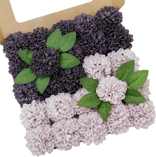 Artificial Flowers, 25pcs Realistic Artificial Rose for DIY Wedding Bouquets Centerpieces Arrangements, Dark Purple and Light Purple Dahlia Flowers with Stem for Bridal Shower Party