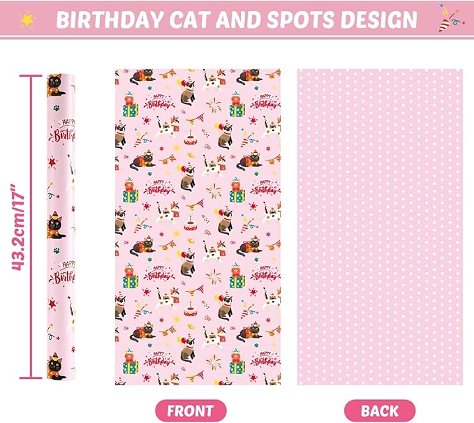 WERNNSAI Cat Wrapping Paper Roll - 1 Roll 17”x 33 ft Happy Birthday Wrapping Paper Pink Cat Birthday Gift Wrap for Kids Girls Adults Kitten Party Baby Shower Decoration Reversible Polka Dot Design
