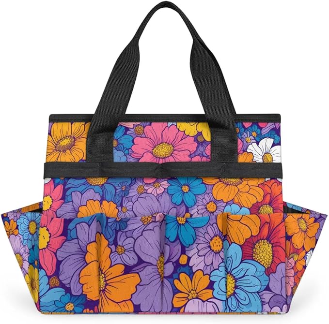 Garden Tool Bag Organizer Garden Tote Bag with Pockets Rainbow Flowers Tool Storage Organizer Gardening Tool Kit Holder 13" x 6.8" x 2.8"