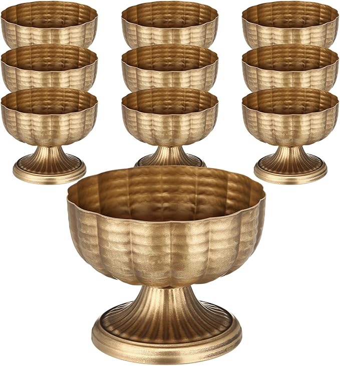 Distressed Gold Metal Compote Bowl Compote Vase Centerpieces for Table Pedestal Vase for Wedding Birthday Party Anniversary Indoor Outdoor Activity, 8" Diameter (Vintage Gold,10 Pcs)