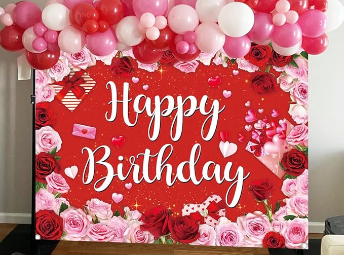 Rose Happy Birthday Backdrop for Women Red Pink Floral Birthday Photography Background Girl Flower Party Decorations Banner Booth Props (8x6FT(94 x 70 inch))
