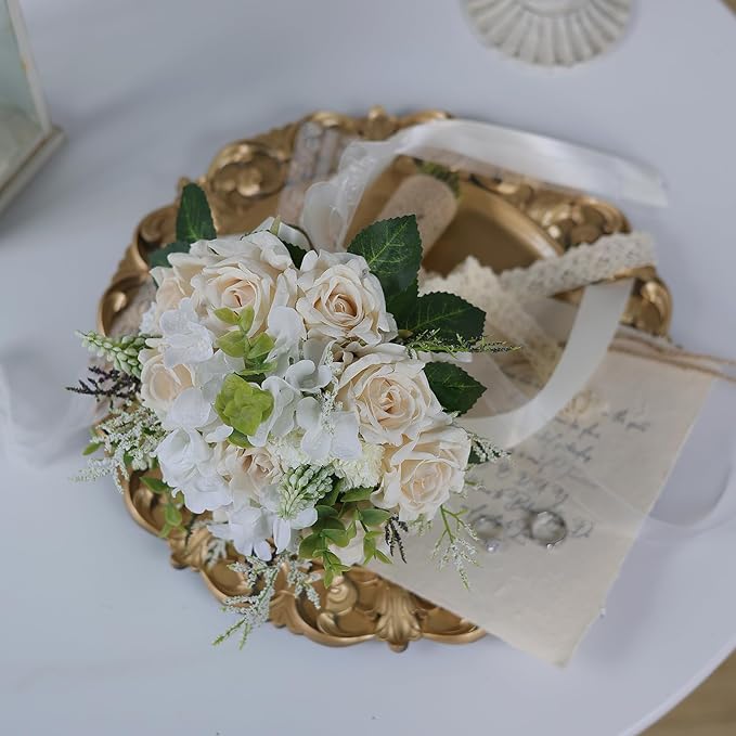 Wedding Bouquets Large for Bride Bridesmaid,White Champagne Artificial Roses Flowers for Wedding Church Decoration (9.5in)