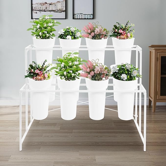 Flower Display Stand with 12 Pcs Buckets 3 Layers Metal Plant Stand Plant Cart Shelf Flower Bucket Rack Stand for Indoor Florist Garden Patio (White Stand-White Round Buckets)