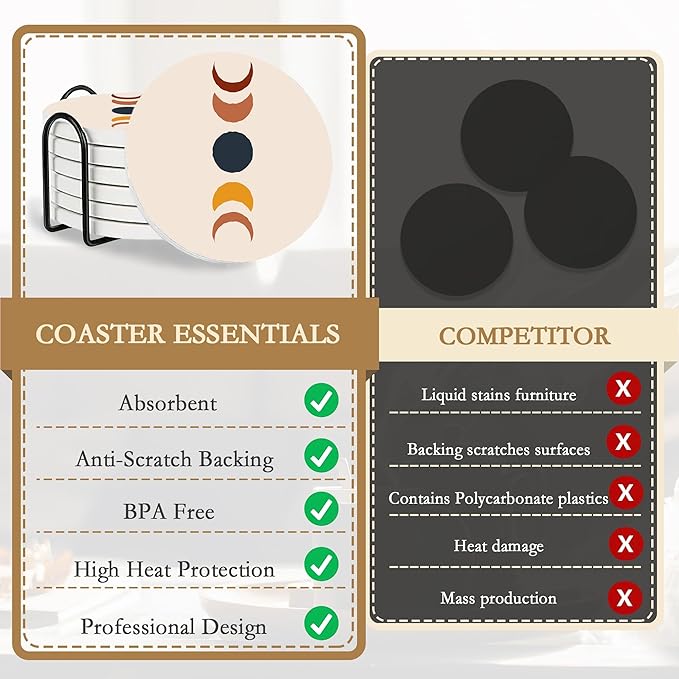 Drink Coasters with Holder,6 Pcs Boho Minimalist Sun Moon Design, Water-Absorbent Beverage Pads for Dining Table Decor & Glass Protection