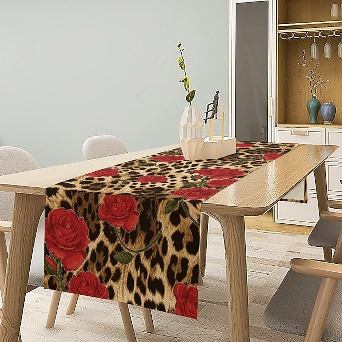 Red Rose Leopard Print Table Runner, Romantic Vintage Rose Flower Spring Summer Dinner Runner Table Decoration for Home Kitchen Dining Holiday Wedding Party 13x120in
