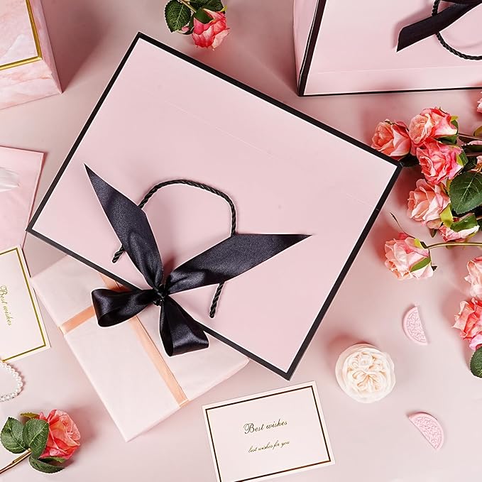 Pink Gift Bags 13”, 2 PCS Large Gift Bags with Handles for Girls Women, Portable Gift Bag Set with Tissue Paper Greeting Card and Bow Ribbon, Pink Paper Bags for Birthday Wedding Valentine's Day