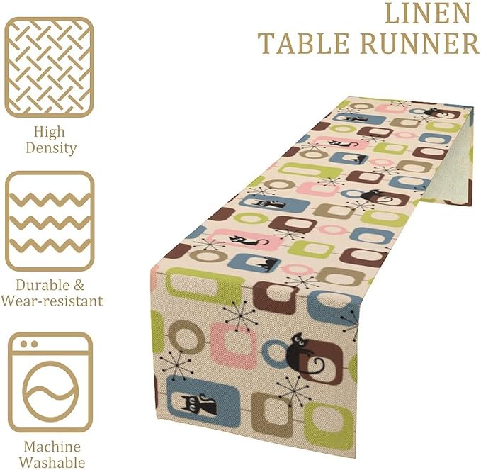 Mid Century Modern Black Cat Table Runner,Table Runners for Kitchen Dining Modern Tables Decor Decoration for Kitchen Family Dinner Table Holiday Party Farmhouse 13 x 36 Inch Pink