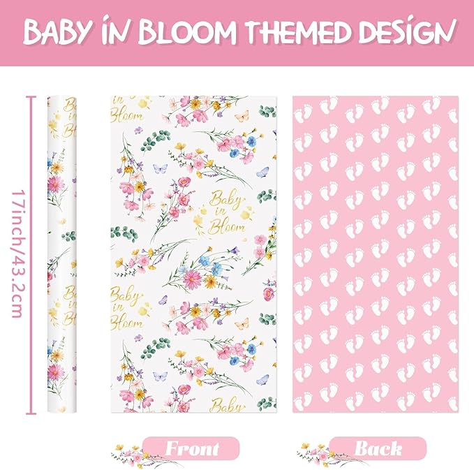 WERNNSAI Baby Wrapping Paper - 1 Roll 17”x 33 ft Baby Shower Wrapping Paper Pink Floral Gift Wrap Reversible New Born Girls 1st Birthday Present Packing Cute Foot Prints Design