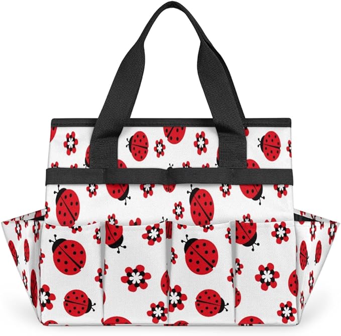 Ladybugs Flowers Garden Tool Tote Bag for Women Men Gardening Tool Storage Bags with 10 Pockets Standable Garden Home Tool Kits Organizer for Indoor Outdoor Gardening Gifts