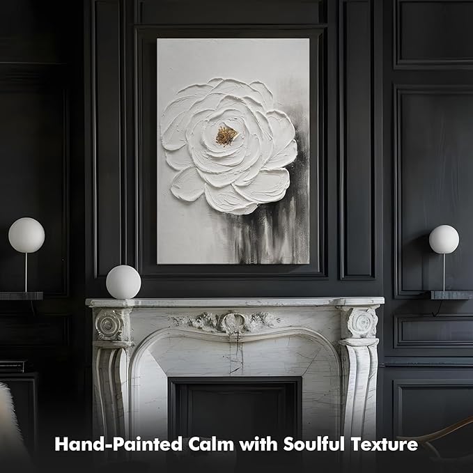 JUHOME Hand-Painted Oil Painting White Flowers Texture Black White Wall Art,3D Abstract Decorative Canvas Wall Decor, Home Office Hall Wall Decorative, 24 x 36