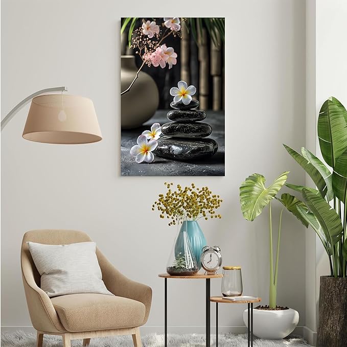 A harmonious black stone stack paired with white and pink flowers bamboo and ceramic vases creates a tranquil Zen decor for minimalist homes and mindful spaces 24x36in Frameless