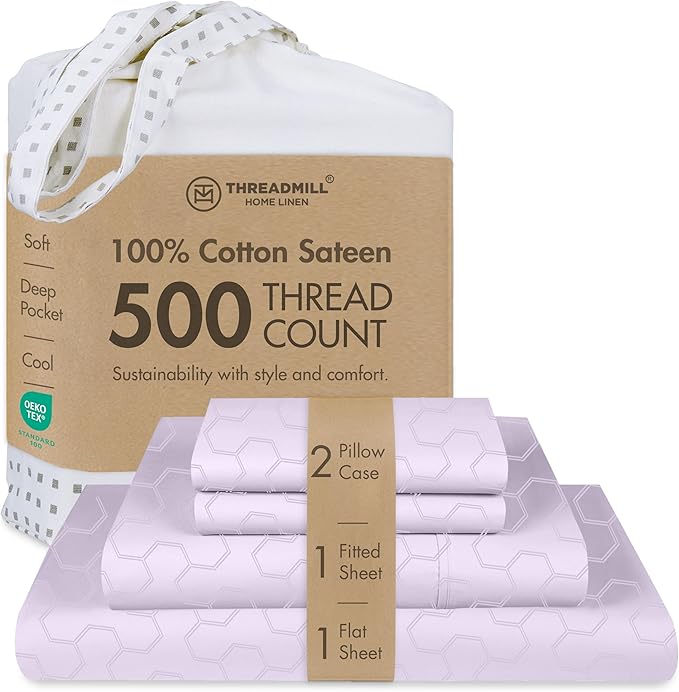 Threadmill 100% Cotton Sheets for King Size Bed | Damask Sateen All-Season 500Thread Count 4 Pc King Bed Sheets Set | Soft, Breathable Hotel Quality | Snug Fit Elastic Deep Pocket King Sheets | Lilac