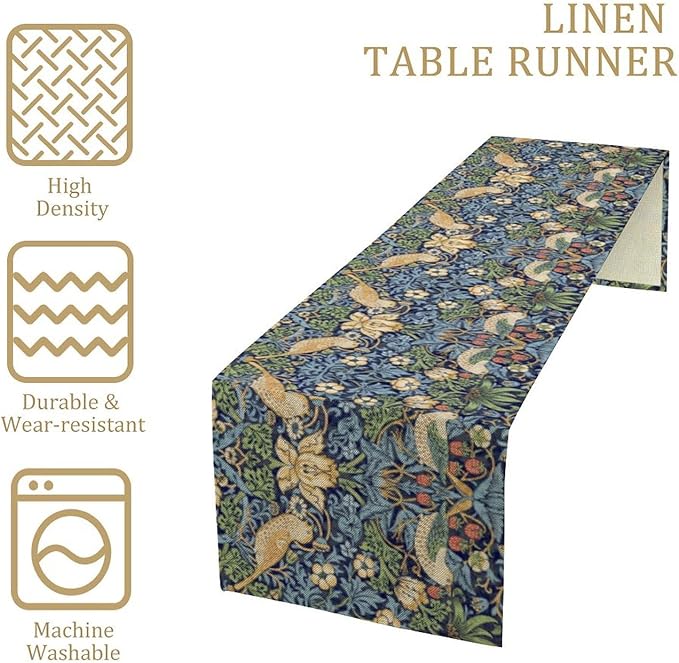William Morris Floral Table Runner, Vintage Flowers Botanical Printed Table Runner for Home Kitchen Dining Table Decoration,13x120 Inch Strawberry Thief