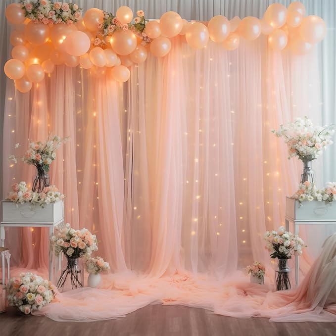 20ft x 10ft Peach Backdrop Curtain with Lights String for Parties, Sheer Tulle Wedding Photo Backdrops Drapes for Baby Shower Birthday Party Decorations Background for Photography