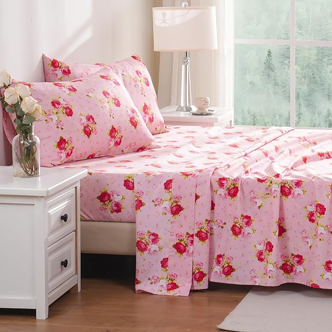 Bedlifes Queen Sheet Set Ultra Soft, Breathable, Silky Flower Deep Pocket 100% Microfiber Bedding, 4 Piece Queen Size Pink Floral(Red Rose)