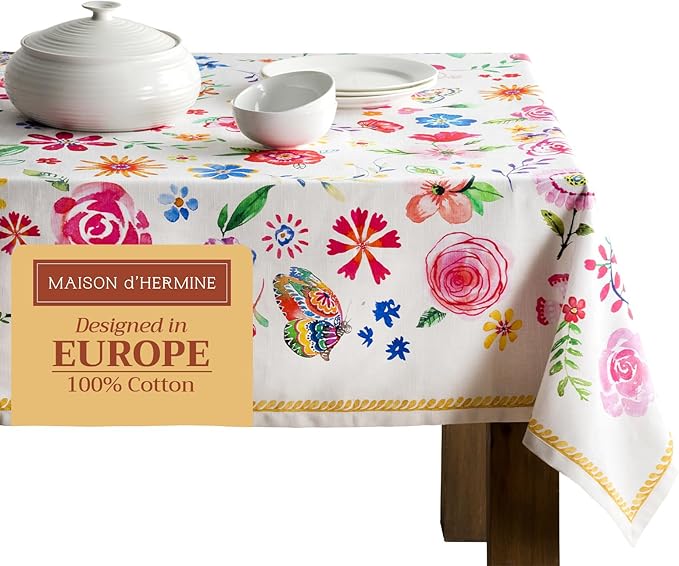 Maison d' Hermine Table Cloth Square Table 100% Cotton 54 x 54 Inches Tablecloth Reusable Decorative for Dining Room, Farmhouse, Home, Party, Festive & Wedding Spring Summer - Happy Florals - Sweety