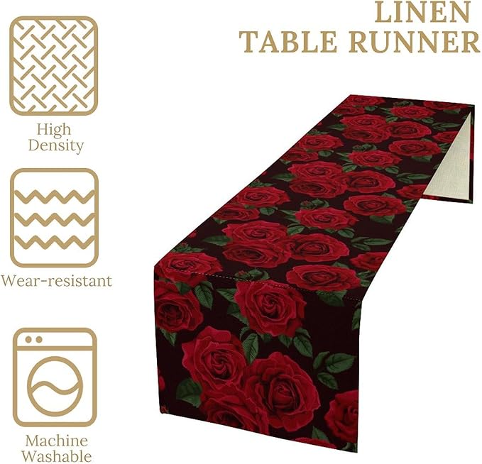 Red Rose Table Runner,Romantic Spring Summer Seasonal Table Runner for Indoor Outdoor Holiday Home Wedding Party 13x90 Inch