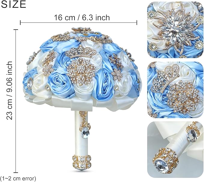 Handmade Satin Rose Floral Bling Pearl Decor Bridal Wedding Bouquet Rhinestone Pendant Artificial Brooch Flowers for Bride Bridesmaid Quinceanera