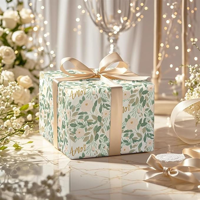 LeZakaa Flower & Love Wrapping Paper Roll, Amor (love in Spanish) Text & Floral Rose Design Gift Wrap for Mother's Day, Wedding, Anniversary, Valentine’S Day, Mini Roll, 17 inches x 16.4 Feet