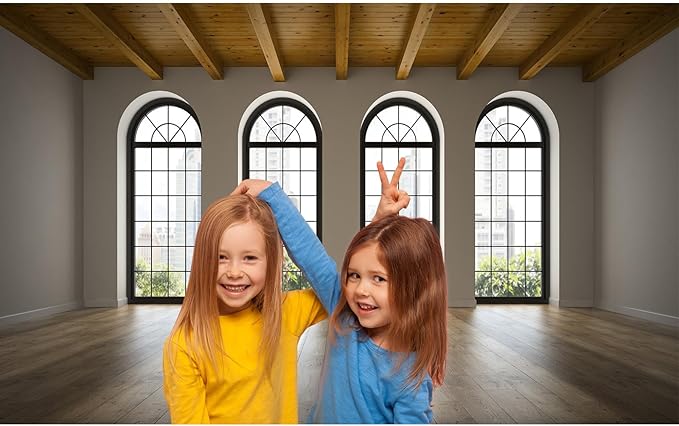 Empty Room Backdrop Concrete Walls Wooden Floor with Big Arched Windows Dance Photography Background Empty Loft Style with Brick Wall Photography Party Decorations Photo Studio Props 15x10ft