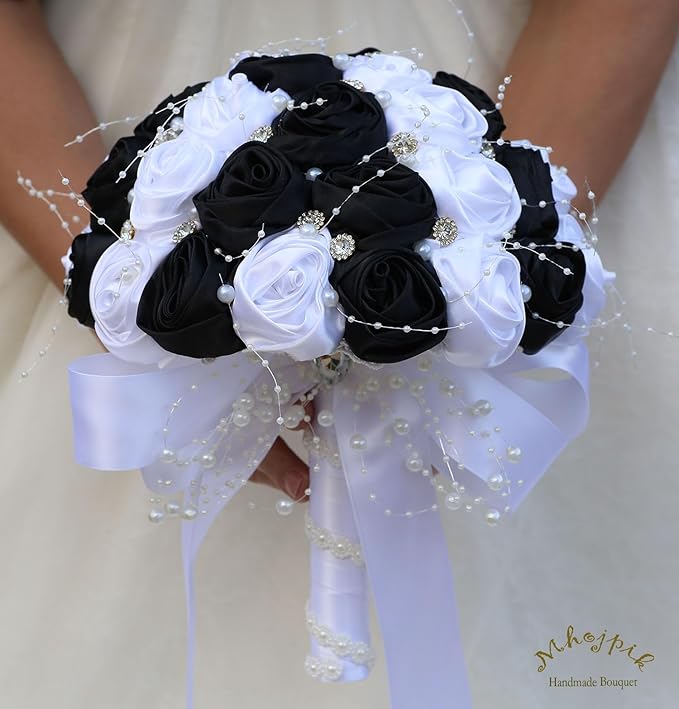 Bridal Wedding Bouquet Round Bling Brooch Bouquet Throw Toss Artificial Rose Flower Bunch for Bride Bridesmaid Wedding Quinceanera(White & Black, 8.7")