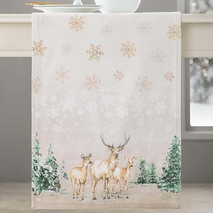 Maison d' Hermine Table Runner 100% Cotton Double Layer Table Runners 108 inches Long for Thanksgiving Christmas Decorations Home Kitchen Dining Party Wedding (Deer in The Woods, 14.5" x 108")