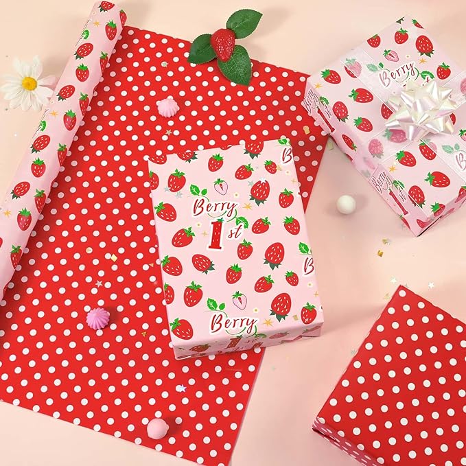 WERNNSAI Berry First Birthday Wrapping Paper - 1 Roll 17”x 33ft Pink Strawberry Gift Wrapping Paper Sweet One Birthday Packing Supply Baby Shower Party Favors Berry Sweet Design