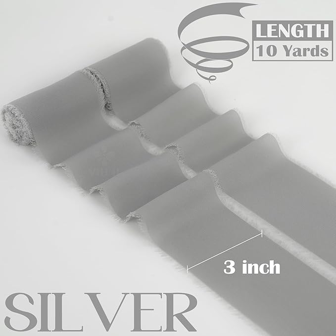MEEDEE Silver Chiffon Ribbon 3 Inch Frayed Ribbons Gray Chiffon Silk Grey Fringe Ribbon Wide Chiffon Ribbons for Crafts, Flower Bouquet, Wedding Favors Wrapping (2 Rolls 10 Yards)