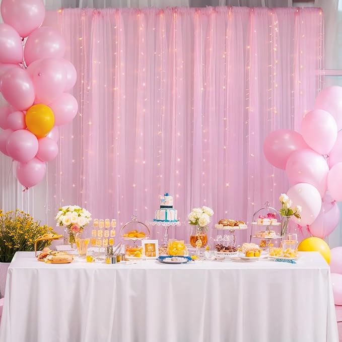 20x10ft Baby Pink Tulle Backdrop Curtain with Lights String for Parites, Sheer Backdrop Curtains for Wedding Baby Shower Birthday Party Photo Shoot Decorations