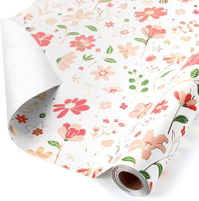 WERNNSAI Pink Floral Wrapping Paper - 1 Roll 17”x 33 ft Vintage Daisy Flower Gift Wrapping Bridal Shower Wrapping Paper for Kids Birthday Wedding Party Baby Shower Supply Reversible Metallic Foil Dots Design