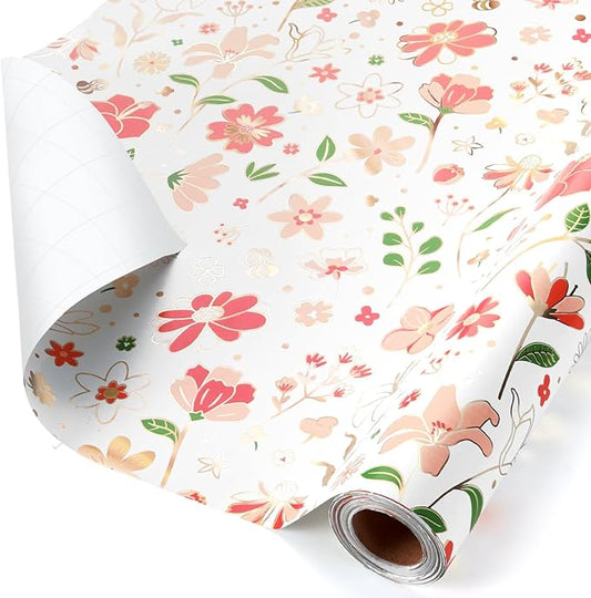 WERNNSAI Pink Floral Wrapping Paper - 1 Roll 17”x 33 ft Vintage Daisy Flower Gift Wrapping Bridal Shower Wrapping Paper for Kids Birthday Wedding Party Baby Shower Supply Reversible Metallic Foil Dots Design