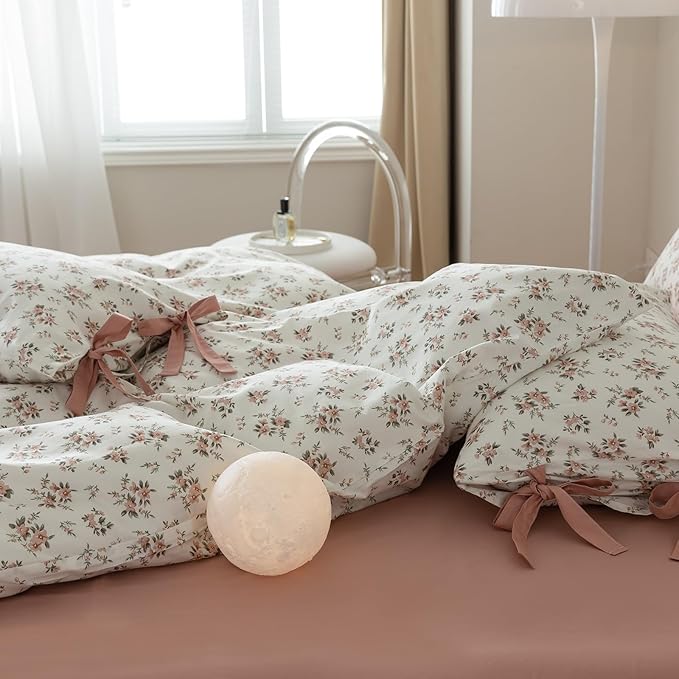 VM VOUGEMARKET Blush Pink Floral Duvet Cover Queen 3 Pieces Cotton Girls Cottagecore Bedding Set,Peach Flower Comforter Cover with Zipper Closure,Vintage Country Bedding 90x90