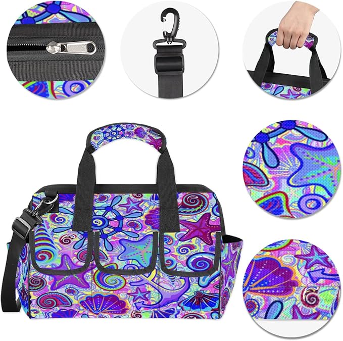 Marine Nautical Violet Pink Blue Tool Bag for Men Women Heavy Duty Multi-Pockets Wide Mouth Tool Tote Waterproof Tool Bag Organizer with Adjustable Shoulder Strap