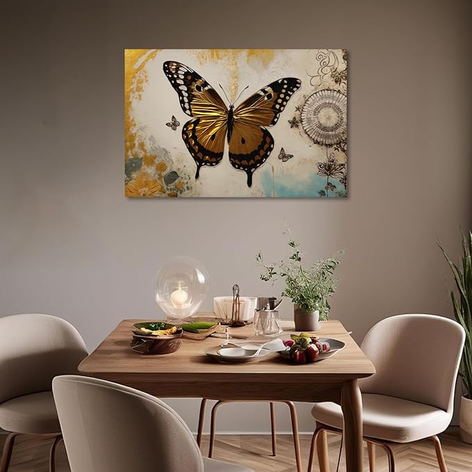 KPLUNDO Butterfly Wall Art Abstract Flower Picture Gray Gold Poster Vintage Painting Modern Artwork Home Decor for Living Room Bedroom Office Wall Decoration Ready to Hang(Art-3,24.00x36.00 inch)