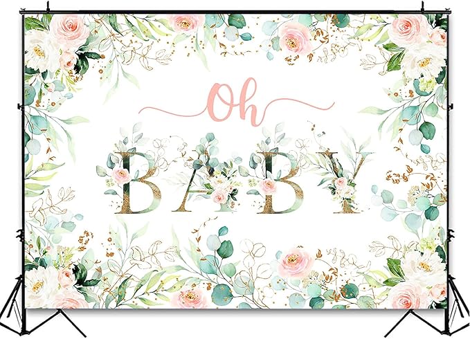 Avezano Greenery Girl Oh Baby Backdrop for Baby Shower Decoration Photography Background Blush Pink and Gold Floral Eucalyptus Greenery Leaves Baby Girl's Shower Party Photoshoot (8x6ft)