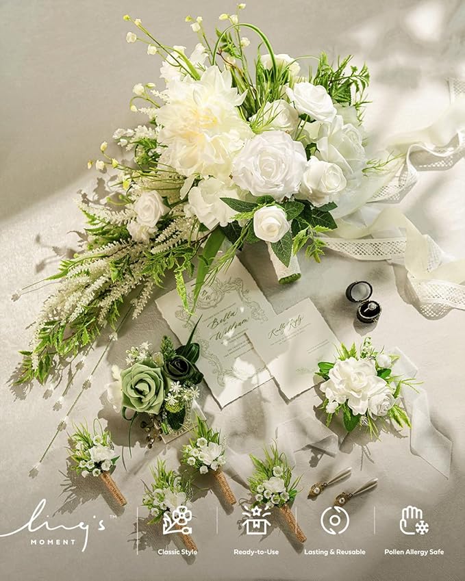 Ling's moment 6pcs Wedding Wrist Corsage Artificial Flowers, Girl/Mother Homecoming Prom Corsages Wristlet Décor, etc. White Lily Valley