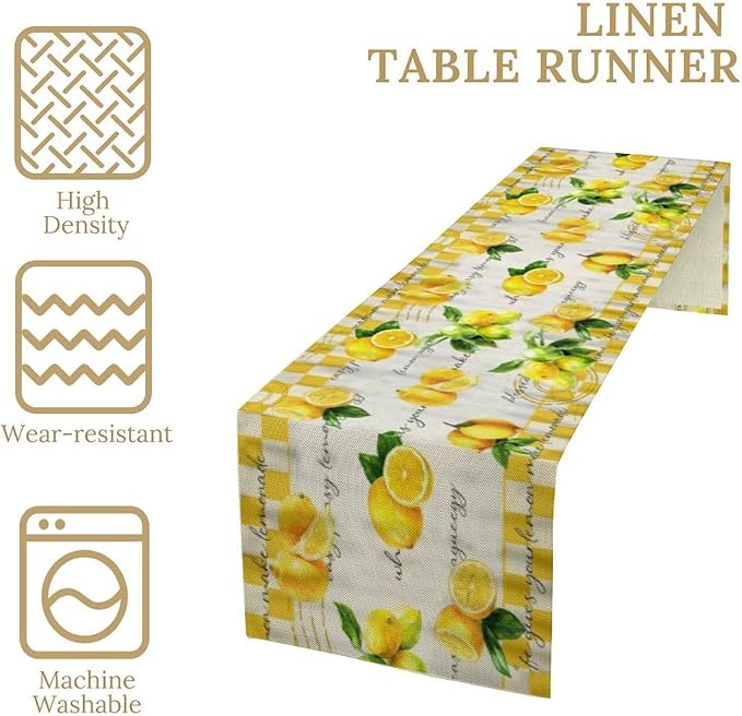 Lemon Table Runner , Summer Yellow Fruits Green Leaves Kitchen Dinning Table Decoration for Indoor Outdoor Home Party Decor 13x120 in