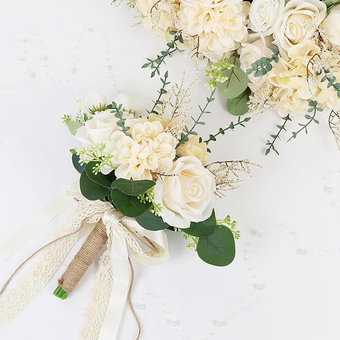 Boho Bridesmaid Bouquets for Wedding, 9 Inch Artificial Flowers Bouquets for Ceremony Anniversary Centerpieces Decorations, Roses - Beige