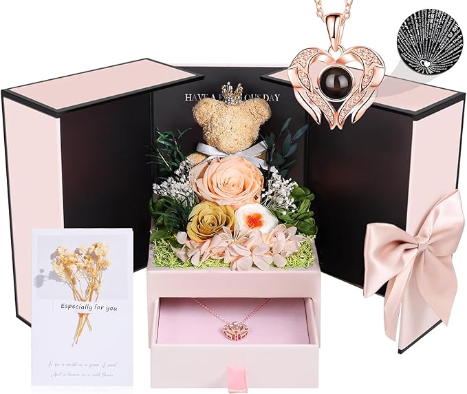Gifts for Mom Grandma Christmas Birthday Preserved Flowers Roses with Heart Necklace Fresh Flowers for delivery Prime Eternal Forever Flower Box Xmas Gifts for Women Mother Her Wife from Daughter