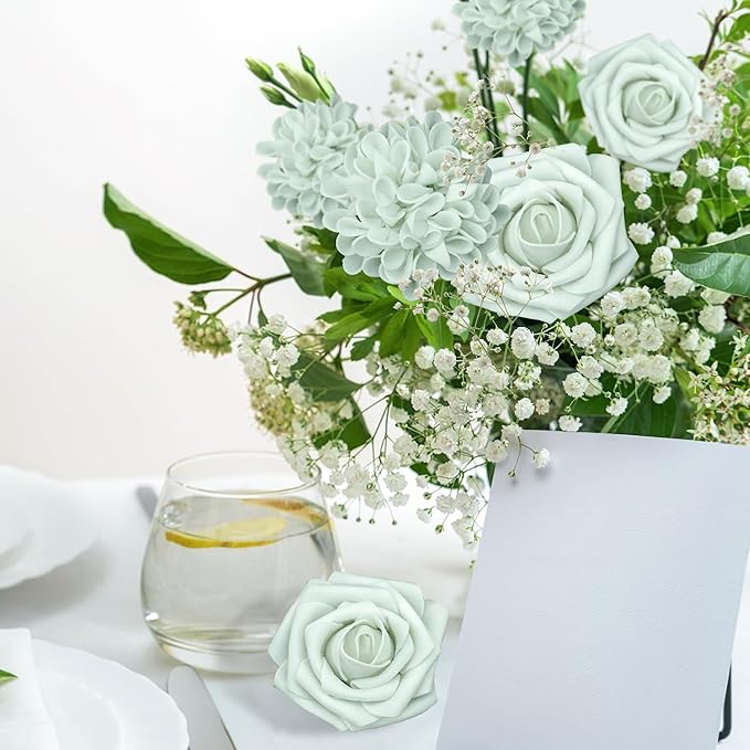 Artificial Flowers, 50pcs Artificial Rose for DIY Wedding Bouquets Centerpieces Arrangements, Light Green Rose Flowers with Stem for Bridal Shower Party Home Decorations
