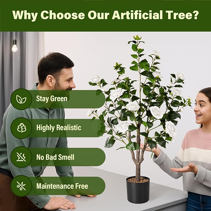 Artificial Camellia Tree,2Pack 3.6FT Faux White Camellia Plants in Pots,Lifelike Artificial Flower Trees for Indoor Outdoor Home Decor,Realistic Blooming Faux Plants for Living Room Porch Patio Office