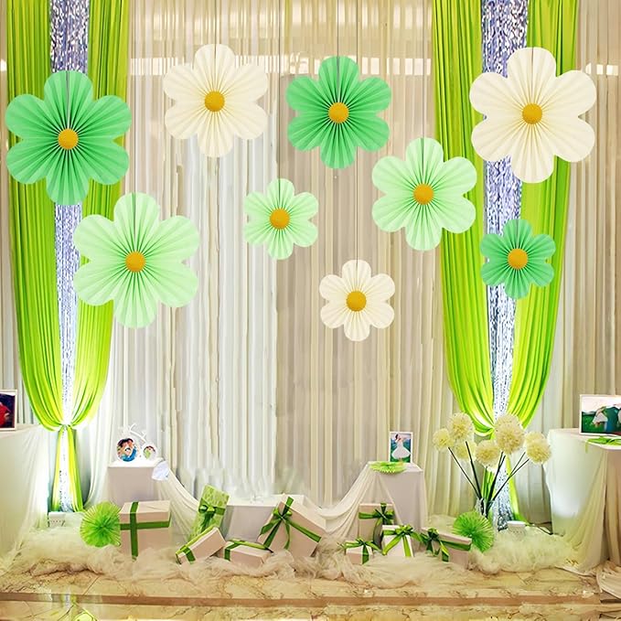 Green Party Decorations Paper Flowers Decorations for Wall Classroom Paper Fans Floral Backdrop Flower Wall Decor Pack of 9 Green