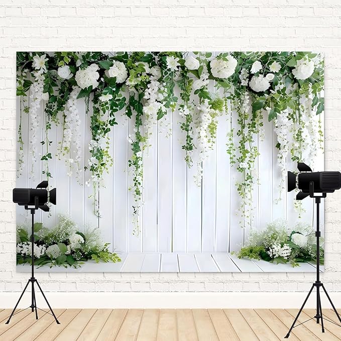 10x8ft White Flower Backdrop Green Leaves Wedding Bridal Shower Photography Background Floral Rustic Wood Wall Birthday Party Banner Decorations Reception Ceremony Portrait Photo Booth Prop
